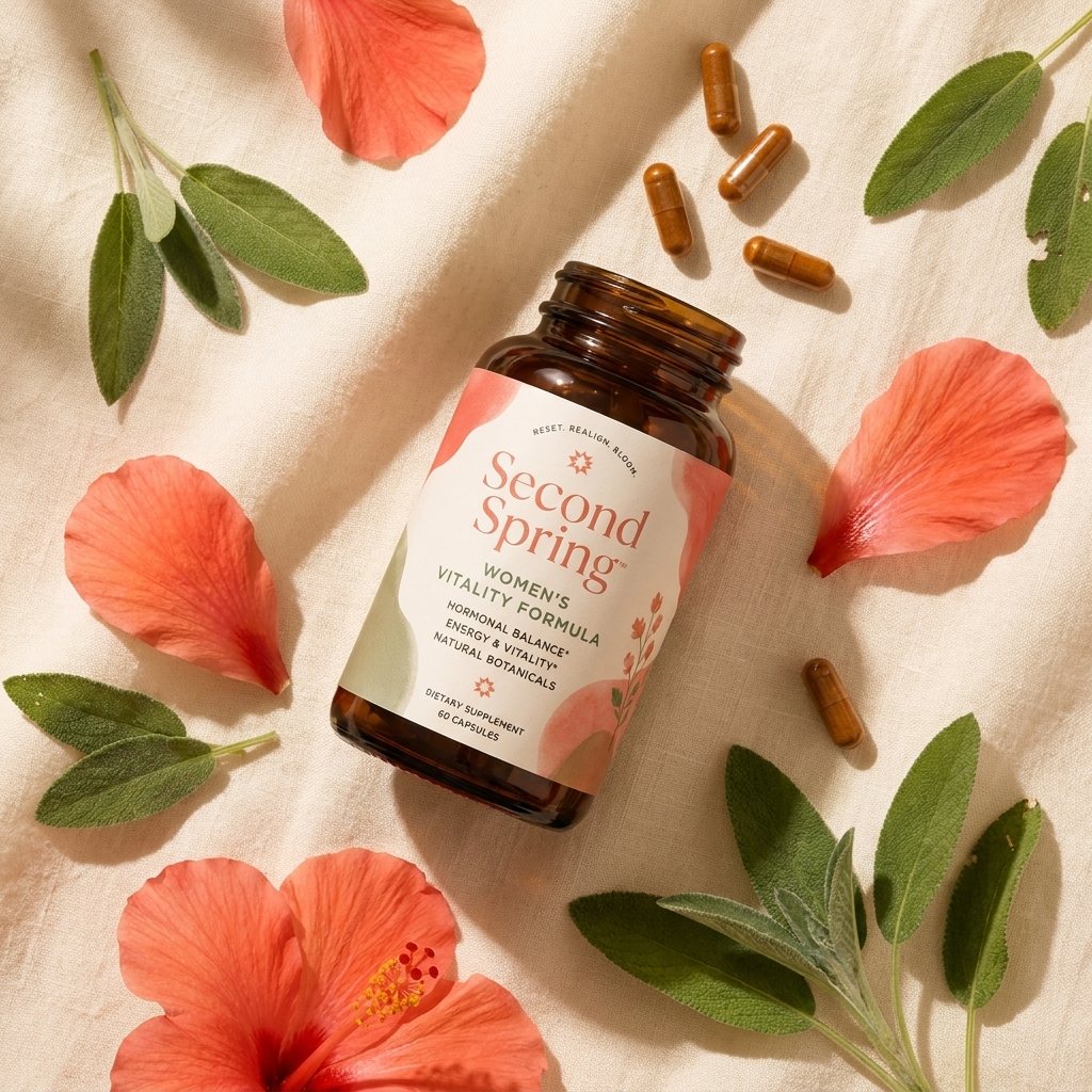 Second Spring bottle with capsules, hibiscus petals and sage on linen