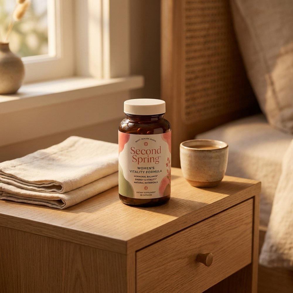 Second Spring bottle on a bedside table at dusk