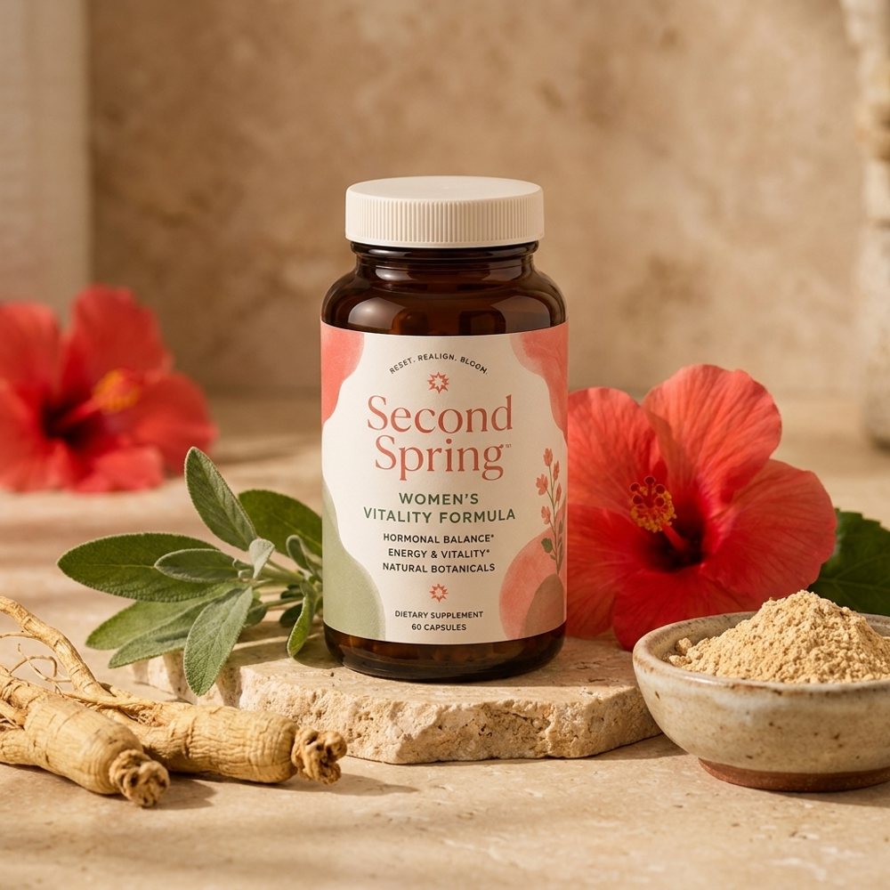 Second Spring bottle surrounded by whole botanicals